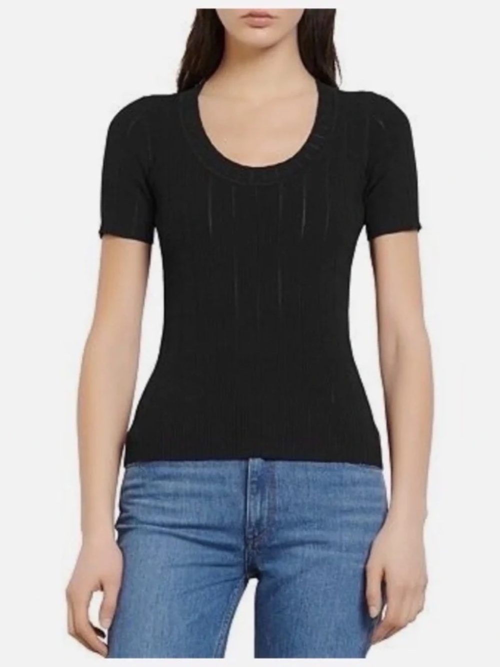 Sandro Paris Jaina Black Ribbed Knit Scoop Neck Top Women's sz 4